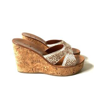 K Jacques Cork Wedge Sandals Womens 39 8 Brown Leather Platform Calf Hair Shoes